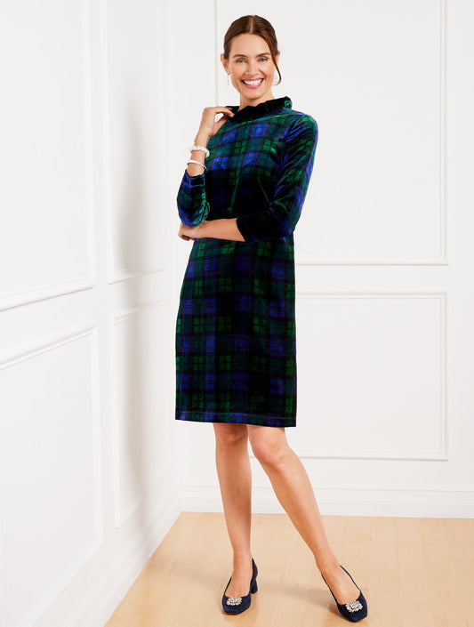 EFFORTLESS VELVET A-LINE DRESS - BLACK WATCH PLAID | Talbots
