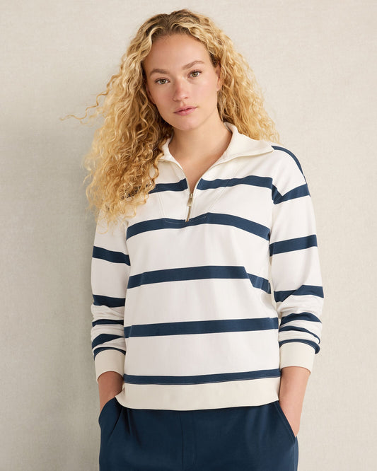 ORGANIC COTTON INTERLOCK STRIPED QUARTER ZIP | Talbots