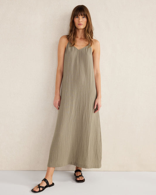 ORGANIC COTTON GAUZE V-NECK MAXI DRESS | Talbots